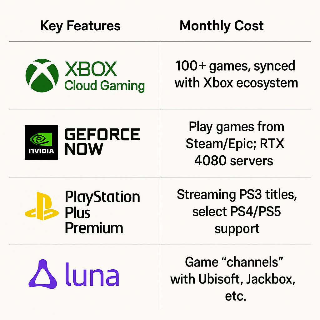 Comparison chart of major cloud gaming platforms showing logos, key features, and monthly pricing for Xbox Cloud Gaming, GeForce NOW, PlayStation Plus Premium, and Amazon Luna.