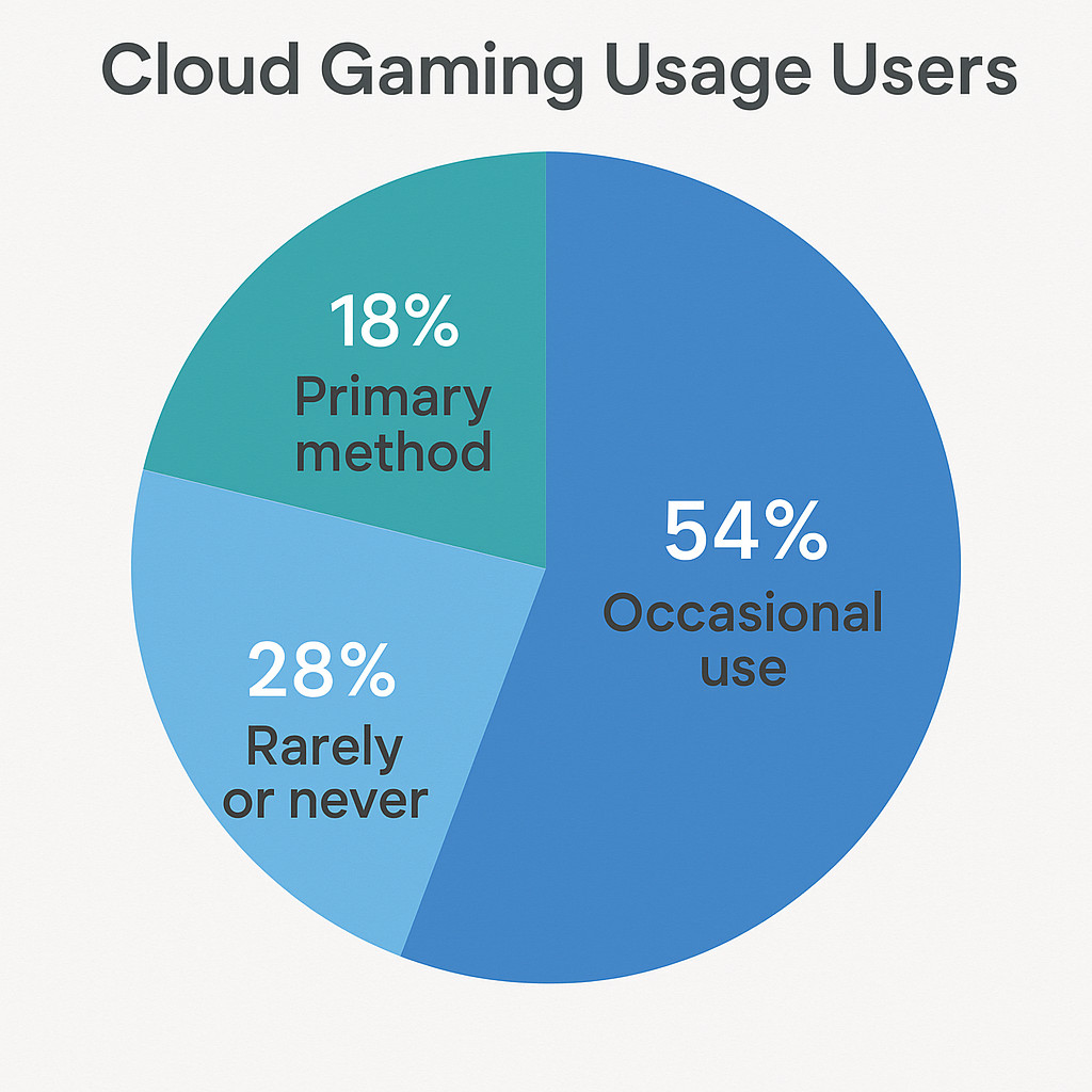 Pie chart titled 'Cloud Gaming Usage Users' showing 54% occasional use, 28% rarely or never, and 18% using cloud gaming as their primary method.