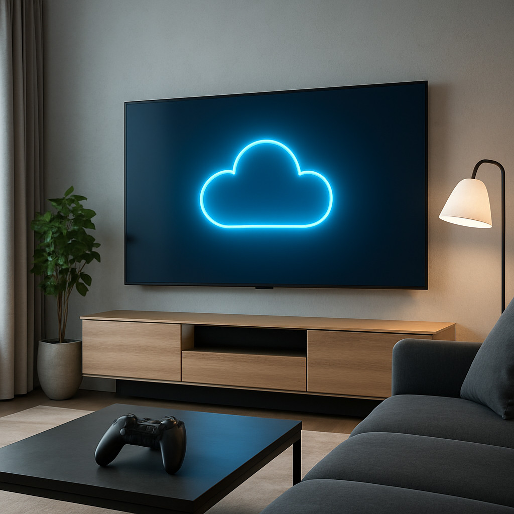 Futuristic living room with a modern TV displaying a glowing blue cloud icon, a wireless game controller on a coffee table, and no visible gaming console.