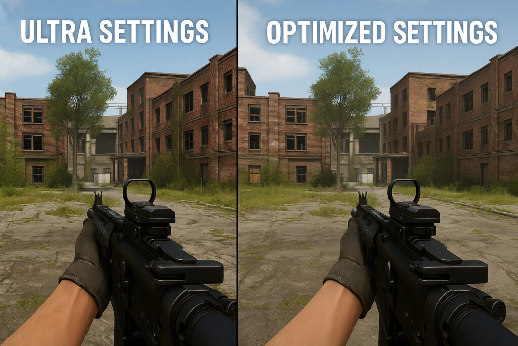 Side-by-side comparison of a first-person shooter game showing Ultra Settings on the left with detailed textures and shadows, and Optimized Settings on the right with reduced visual quality for better performance.