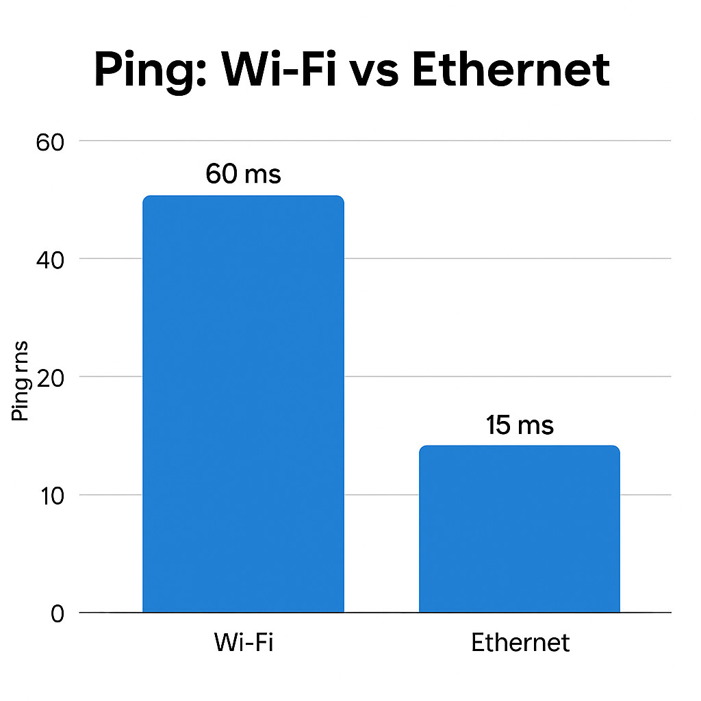 Bar chart comparing average ping for Wi-Fi and Ethernet connections, showing 60 ms for Wi-Fi and 15 ms for Ethernet, highlighting lower latency with wired connections.