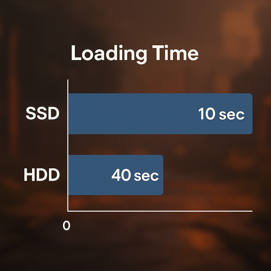 Horizontal bar chart comparing game loading times between SSD and HDD, showing 10 seconds for SSD and 40 seconds for HDD, against a blurred gaming background.