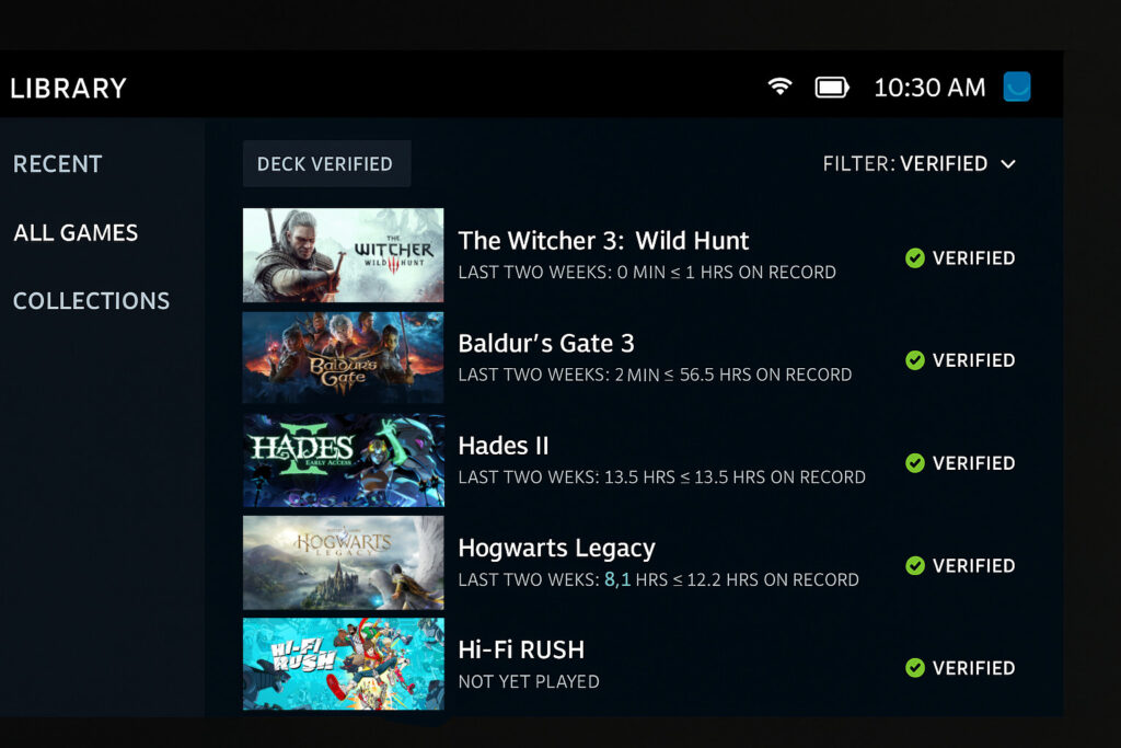 Screenshot of the Steam Deck library page filtered by 'Verified' titles, showing games like The Witcher 3, Baldur’s Gate 3, Hades II, Hogwarts Legacy, and Hi-Fi Rush, each marked with a green Verified checkmark.