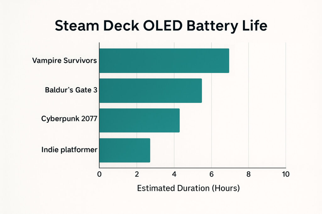 Bar chart showing estimated battery life of the Steam Deck OLED for different games: Vampire Survivors (~7 hours), Baldur’s Gate 3 (~6 hours), Cyberpunk 2077 (~4.5 hours), and an indie platformer (~2.5 hours).