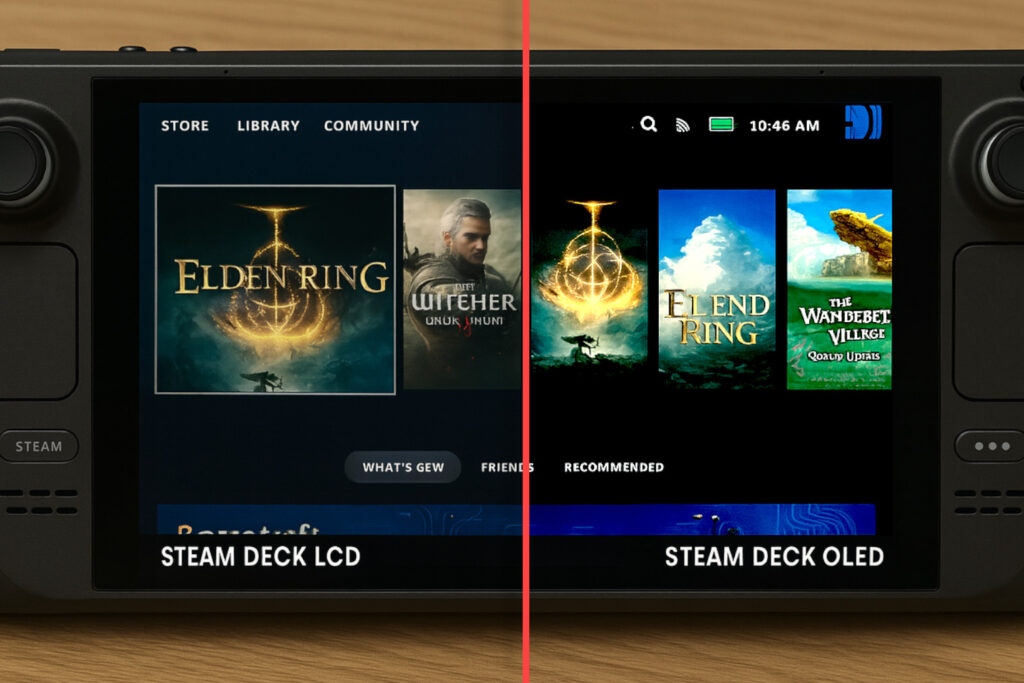 Photograph of two Steam Deck handheld consoles on a wooden table, with the LCD model on the left and the OLED model on the right, both displaying the Steam interface and the game Elden Ring, highlighting the OLED's more vibrant screen.